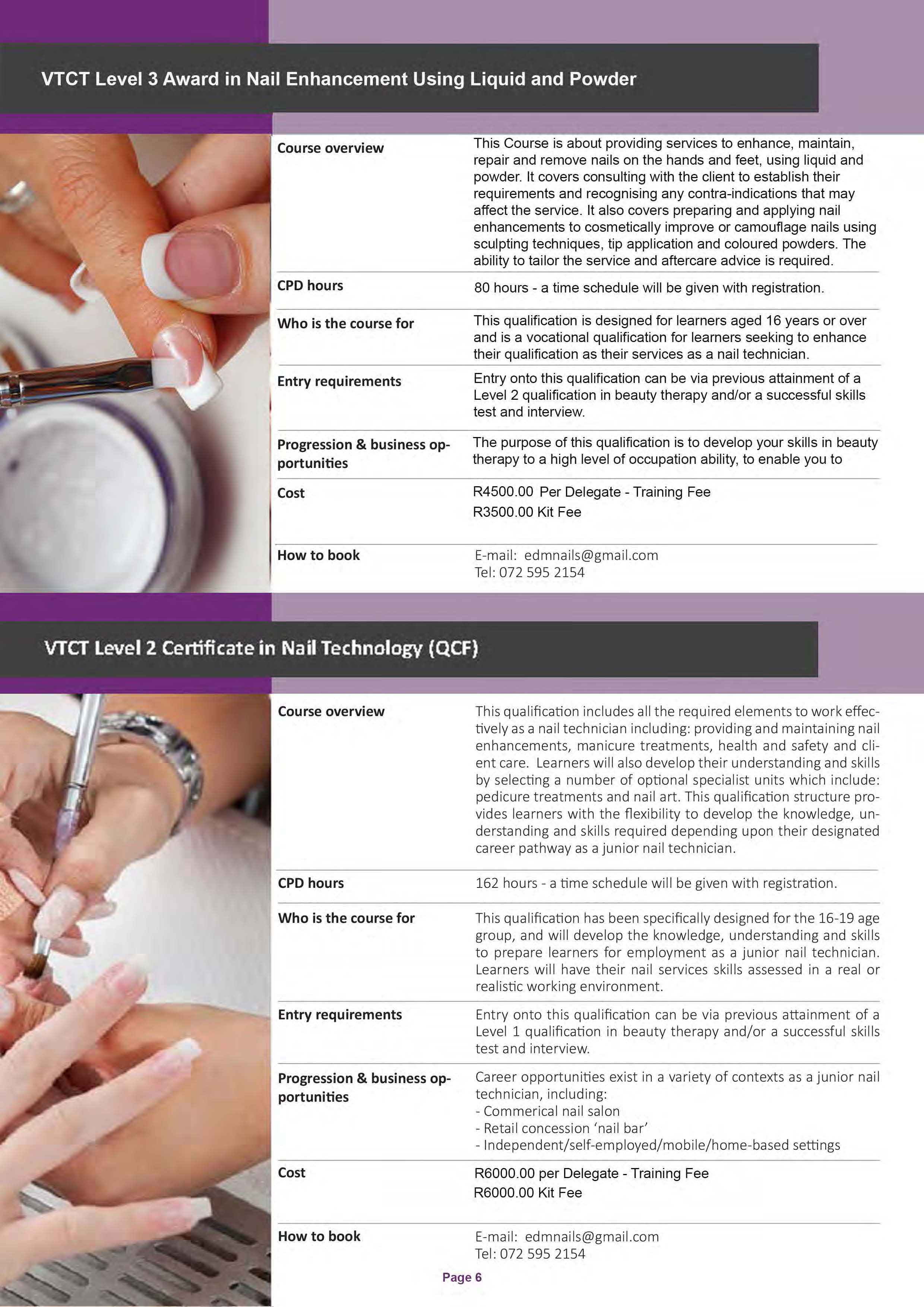 VTCT Level 3 Award in Nail Enhancement Using Liquid and Powder & VTCT Level 2 Certificate in Nail Technology